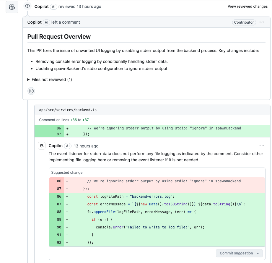 GitHub Copilot reviewing a pull request